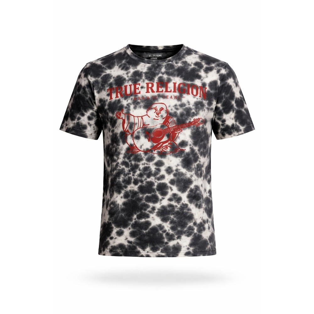 True Religion Mens Tie Dye Buddha Guitar Graphic T-Shirt Black White Red Medium
